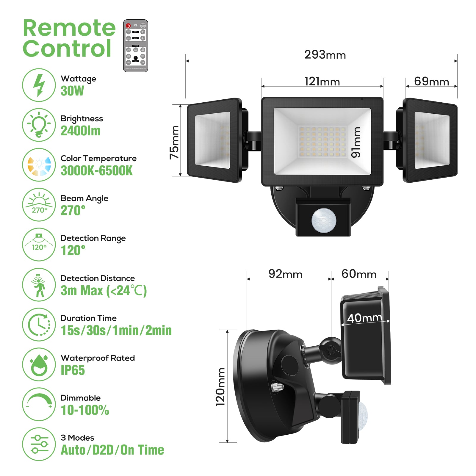 Dreifacher 30W LED-Sicherheitsfluter mit PIR-Bewegungssensor, 2400lm, IP65