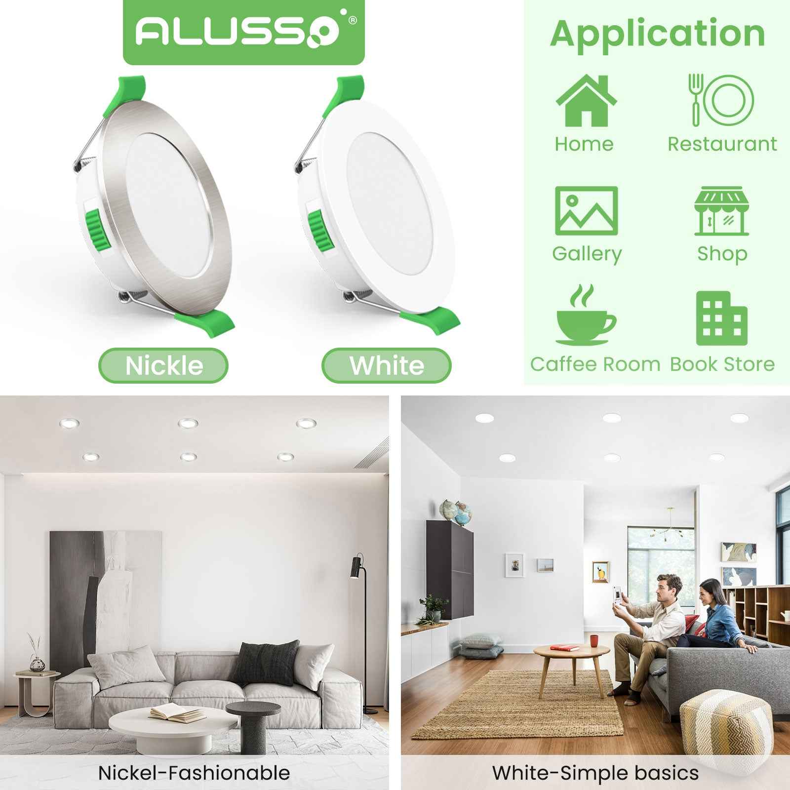 10 Pack 5W 68-78mm Cutout Ultra Slim LED Downlight 3CCT 3000K 4000K 6500K Dimmable IP44 White/Nickel Frame - ALUSSO LIGHTING