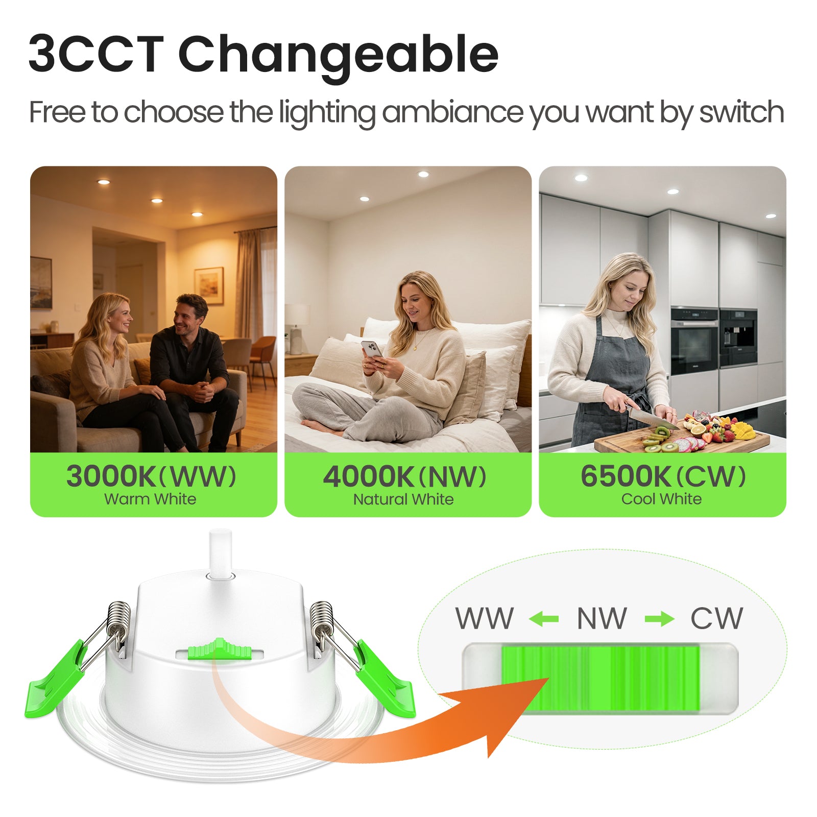 5W Iron LED Recessed Downlight 67-75mm Cutout 3CCT Dimmable IP65, Airtight Insulation Coverable, IC-Rated White Fame, 6 Pack