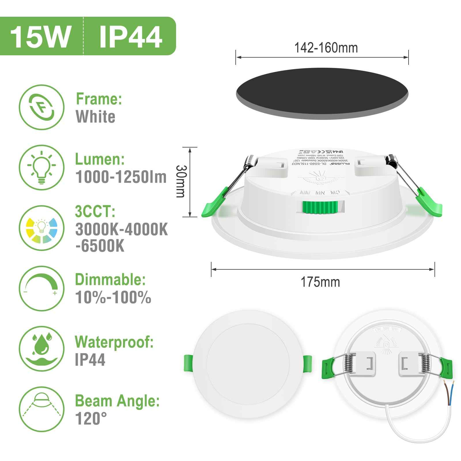 4W 5W 7W 10W 15W 22W Ultra Slim LED Downlight 55-205mm Cutout 3CCT 3000K 4000K 6500K Dimmable IP44 White/Nickel/Black Frame, 6 Pack - ALUSSO LIGHTING