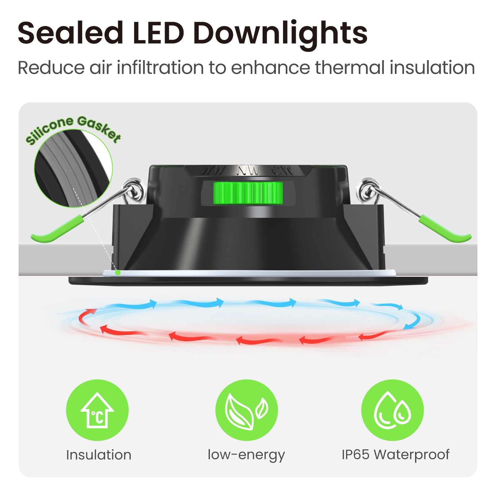 IP65 LED Downlight Cutout 67-75mm Dimmable CCT Ultra Slim, Black, 6 Pack