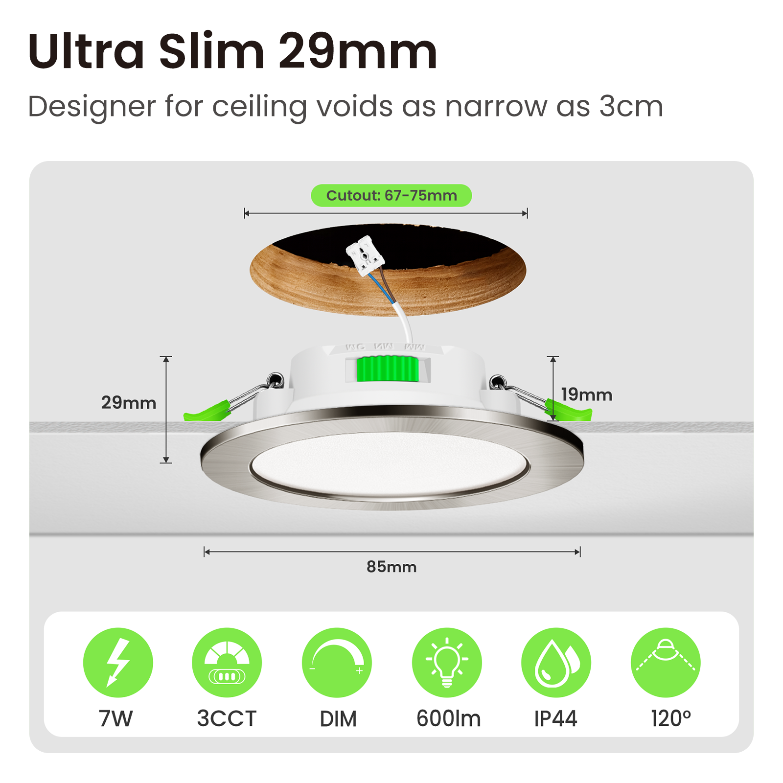 7W Standard Selection LED Recessed Downlight 67-75mm Cutout 3CCT Dimmable IP44/IP65, Night Light Version, 4/6/8W Wattage Turnable Version, White/Black/Nickel Frame, 6/10 Pack