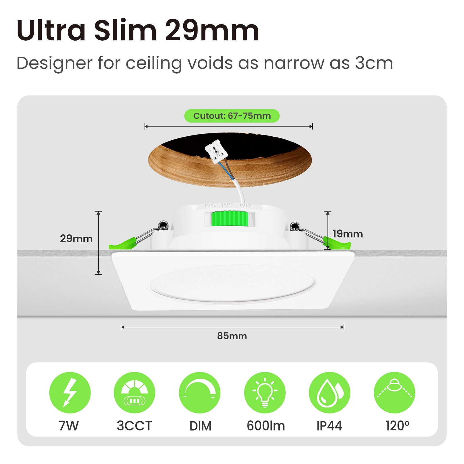 7W Standard Selection LED Recessed Downlight 67-75mm Cutout 3CCT Dimmable IP44/IP65, Night Light Version, 4/6/8W Wattage Turnable Version, White/Black/Nickel Frame, 6/10 Pack