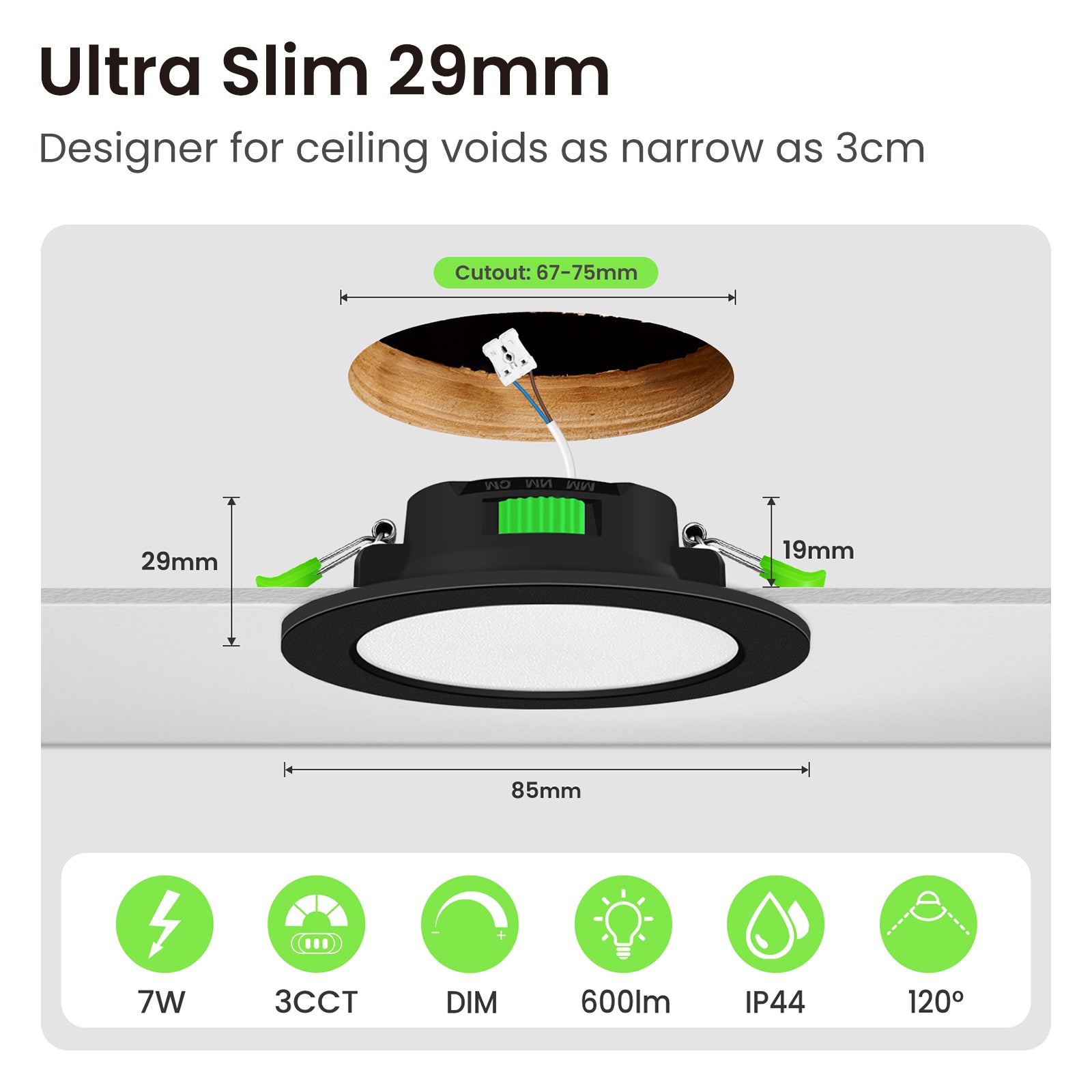 7W Standard Selection LED Recessed Downlight 67-75mm Cutout 3CCT Dimmable IP44/IP65, Night Light Version, 4/6/8W Wattage Turnable Version, White/Black/Nickel Frame, 6/10 Pack
