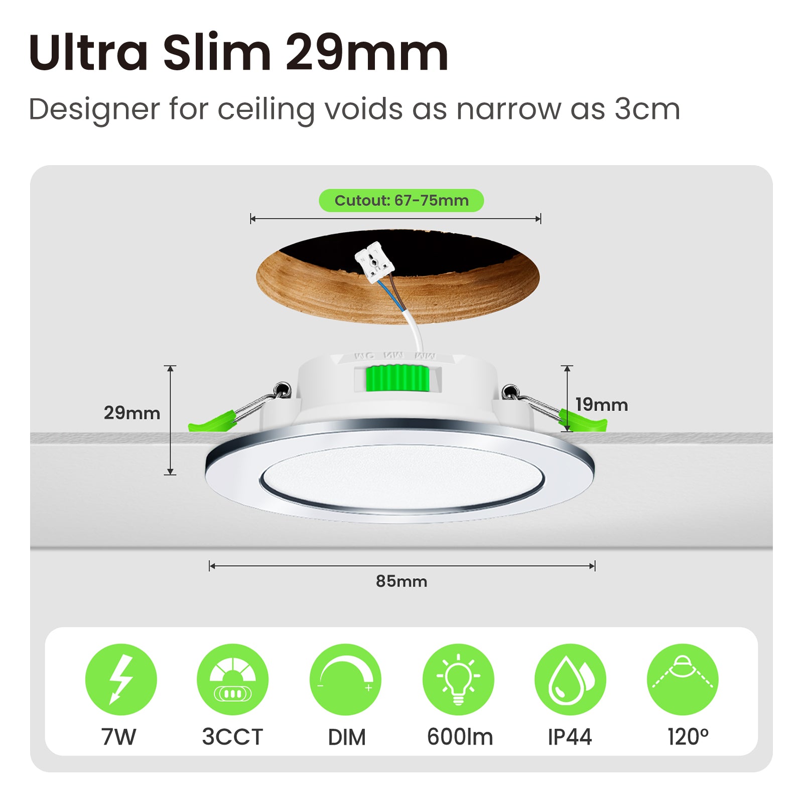 7W Standard Selection LED Recessed Downlight 67-75mm Cutout 3CCT Dimmable IP44/IP65, Night Light Version, 4/6/8W Wattage Turnable Version, White/Black/Nickel Frame, 6/10 Pack