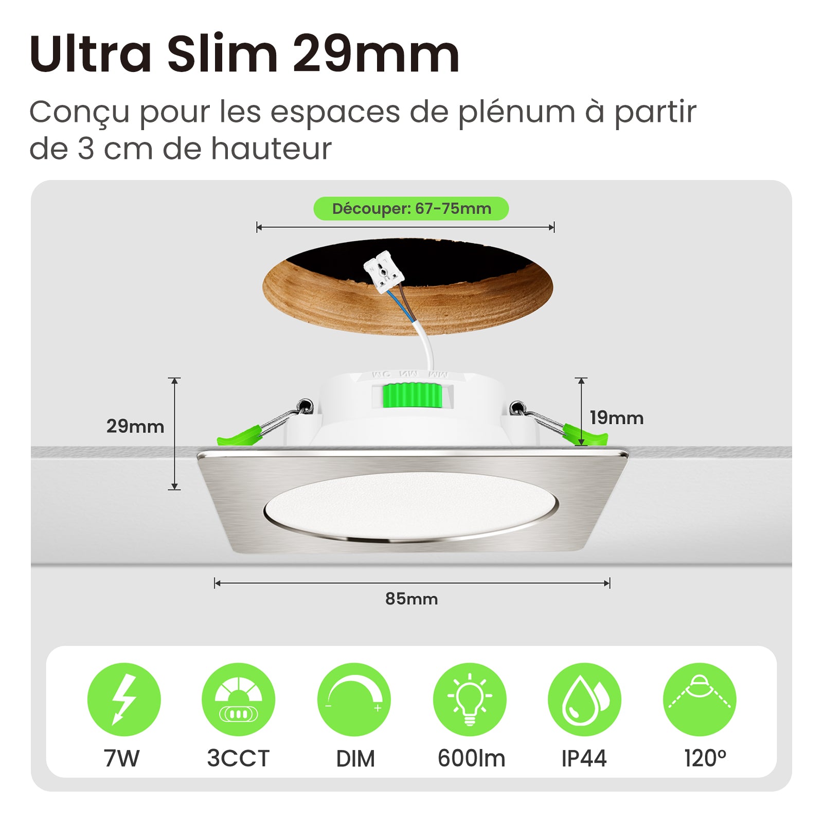7W Standard Selection LED Recessed Downlight 67-75mm Cutout 3CCT Dimmable IP44/IP65, Night Light Version, 4/6/8W Wattage Turnable Version, White/Black/Nickel Frame, 6/10 Pack