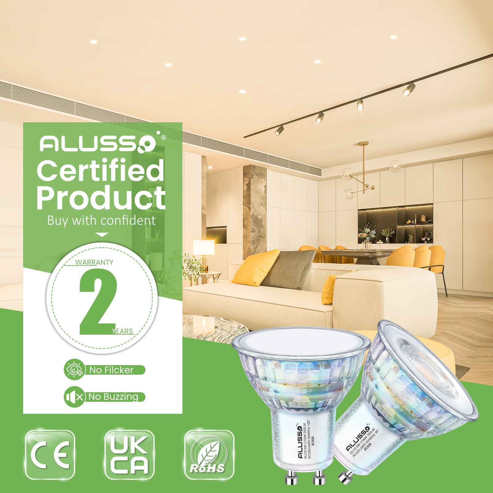 5W GU10 LED Glass Bulbs 36°/120° Beam Angle 2700K Warm White Pack of 12 - ALUSSO LIGHTING