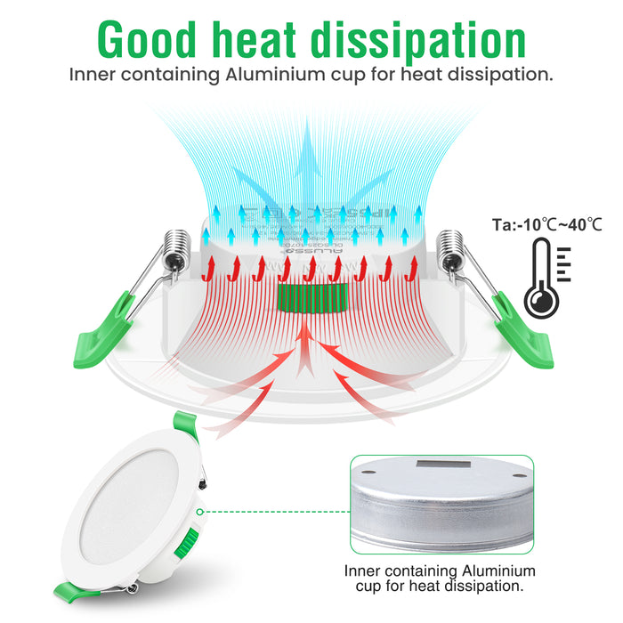 Led Downlight Dimmable Tri-colour 7W IP44 Ultra Slim Recessed Ceiling Lights, 67-75mm Cutout, 6 Pack