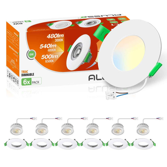 6W ∅68-75mm White Recessed Led Ceiling Lights Flach 60°/120° Variable Beam Angle, Tri-Color, Dimmable, IP44, 6 PACK - ALUSSO LIGHTING