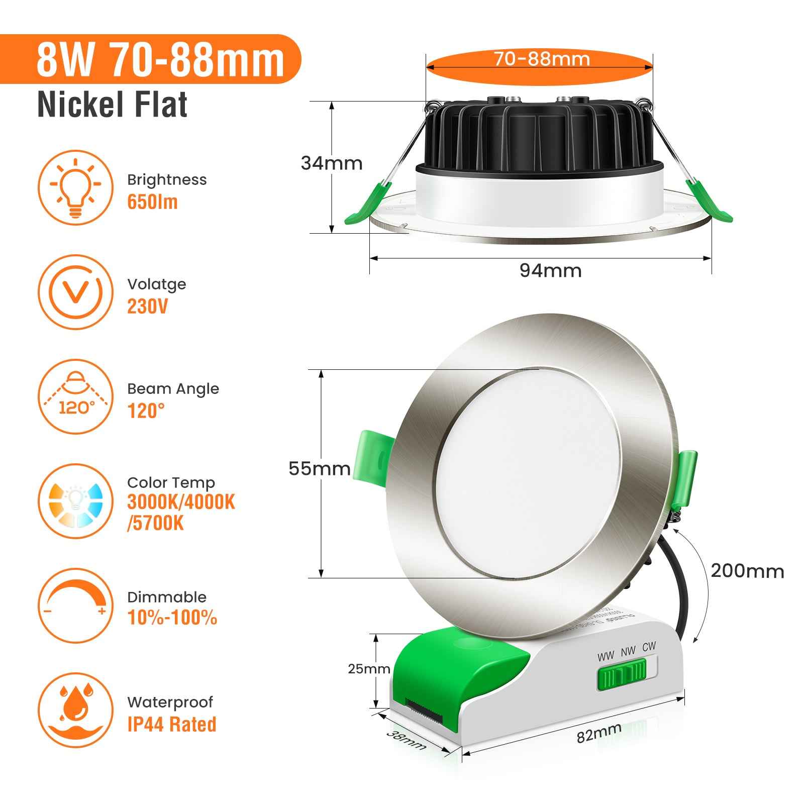 8W LED CCT Dimmable Downlight, Cutout Ø 70-88mm 6 Pack, with External Driver - ALUSSO LIGHTING