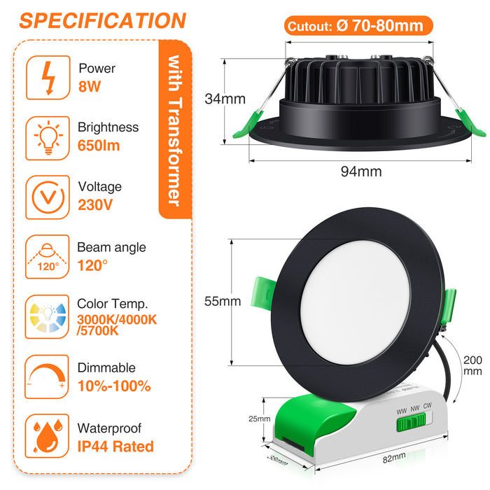 8W LED CCT Dimmable Black Downlight Flat Cutout 70 80mm 6 Pack