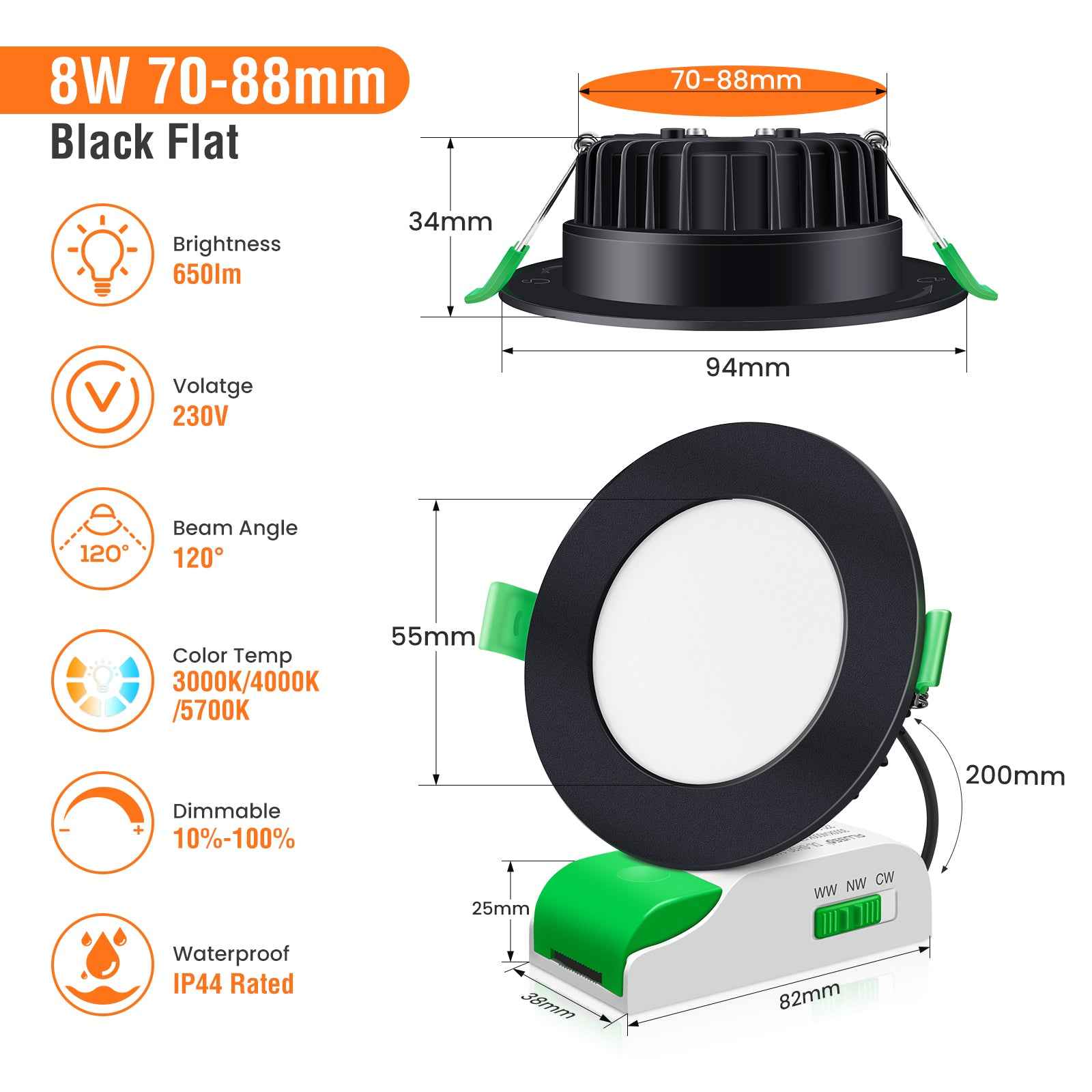 8W LED CCT Dimmable Downlight, Cutout Ø 70-88mm 6 Pack, with External Driver - ALUSSO LIGHTING