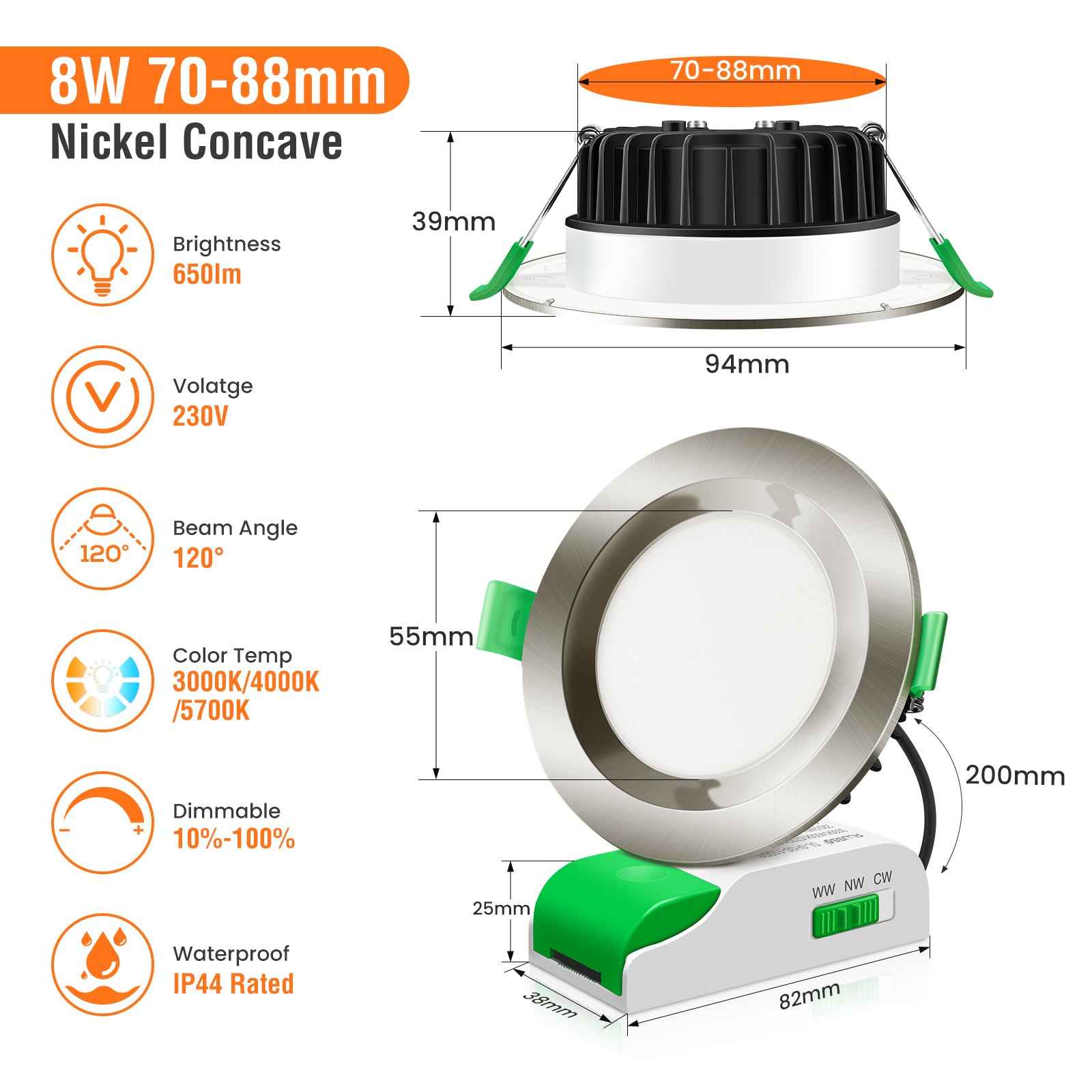 8W LED CCT Dimmable Downlight, Cutout Ø 70-88mm 6 Pack, with External Driver - ALUSSO LIGHTING