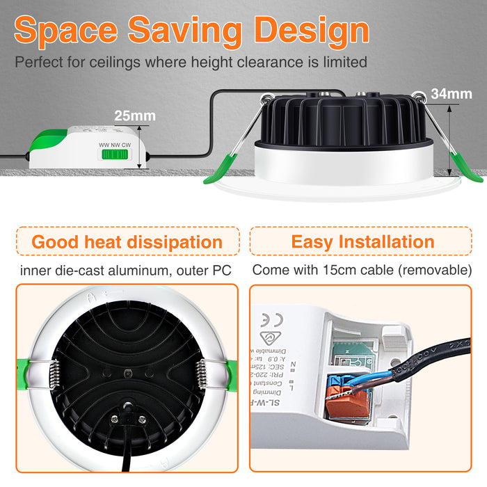 8W LED CCT Dimmable Downlight, Cutout Ø 70-88mm 6 Pack, with External Driver