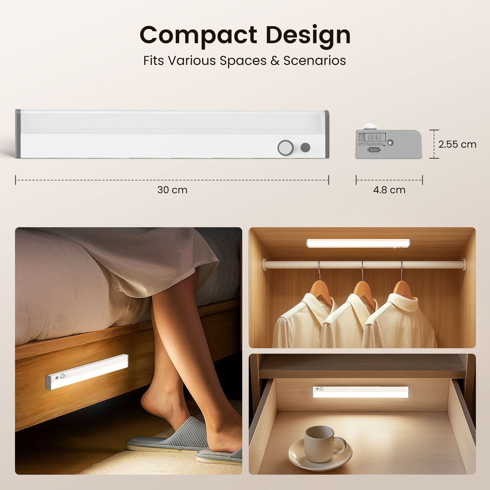 ALUSSO LED Under Cabinet Lights with Motion Sensor, Brightness and Color Temperature Control (3000K/4000K/6500K), 30cm USB Rechargeable Night Light for Stairs, Bedroom, 2 Pack
