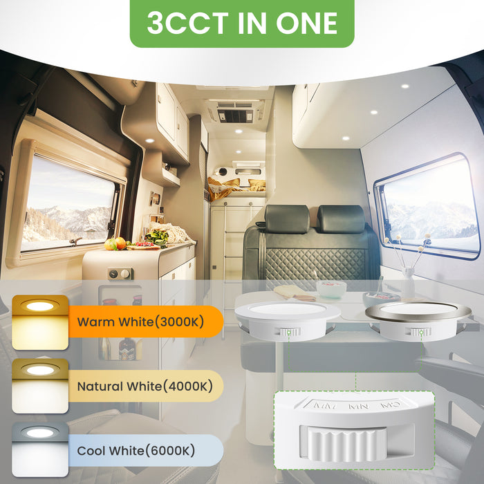 12V AC/DC RV 4W LED Recessed Ceiling Lights 3CCT, IP44, Cutout 55-58mm, 6 Pack, White / Nickel