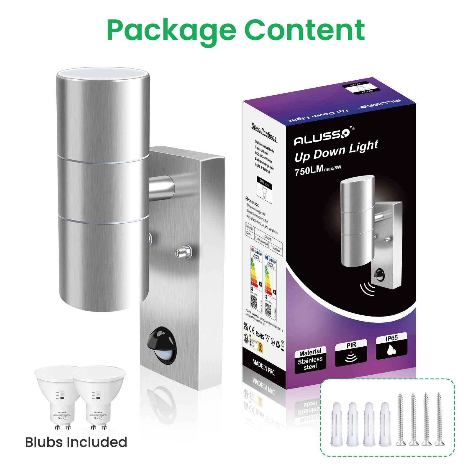 Up Down Wall Light with PIR Motion Sensor Stainless Steel IP65, 3000K/4000K/6000K, Silver - ALUSSO LIGHTING