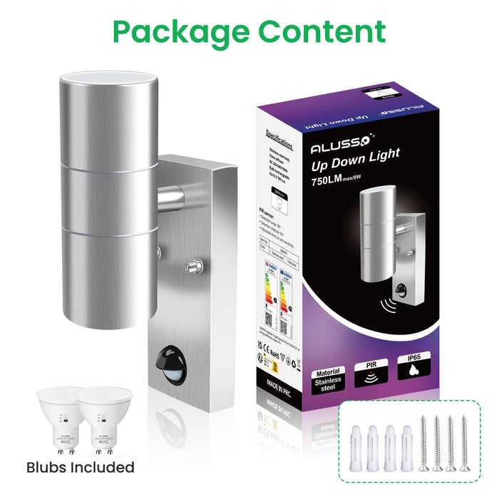 Up Down Wall Light with PIR Motion Sensor Stainless Steel IP65, 3000K/4000K/6000K, Silver