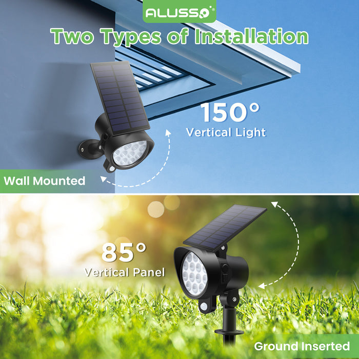 ALUSSO RGB Solar Spotlights Outdoor Motion Sensor, 3CCT Dimmable, IP65 Waterproof Landscape Lighting for Outside Yard Pathway Garden, 4 Pack