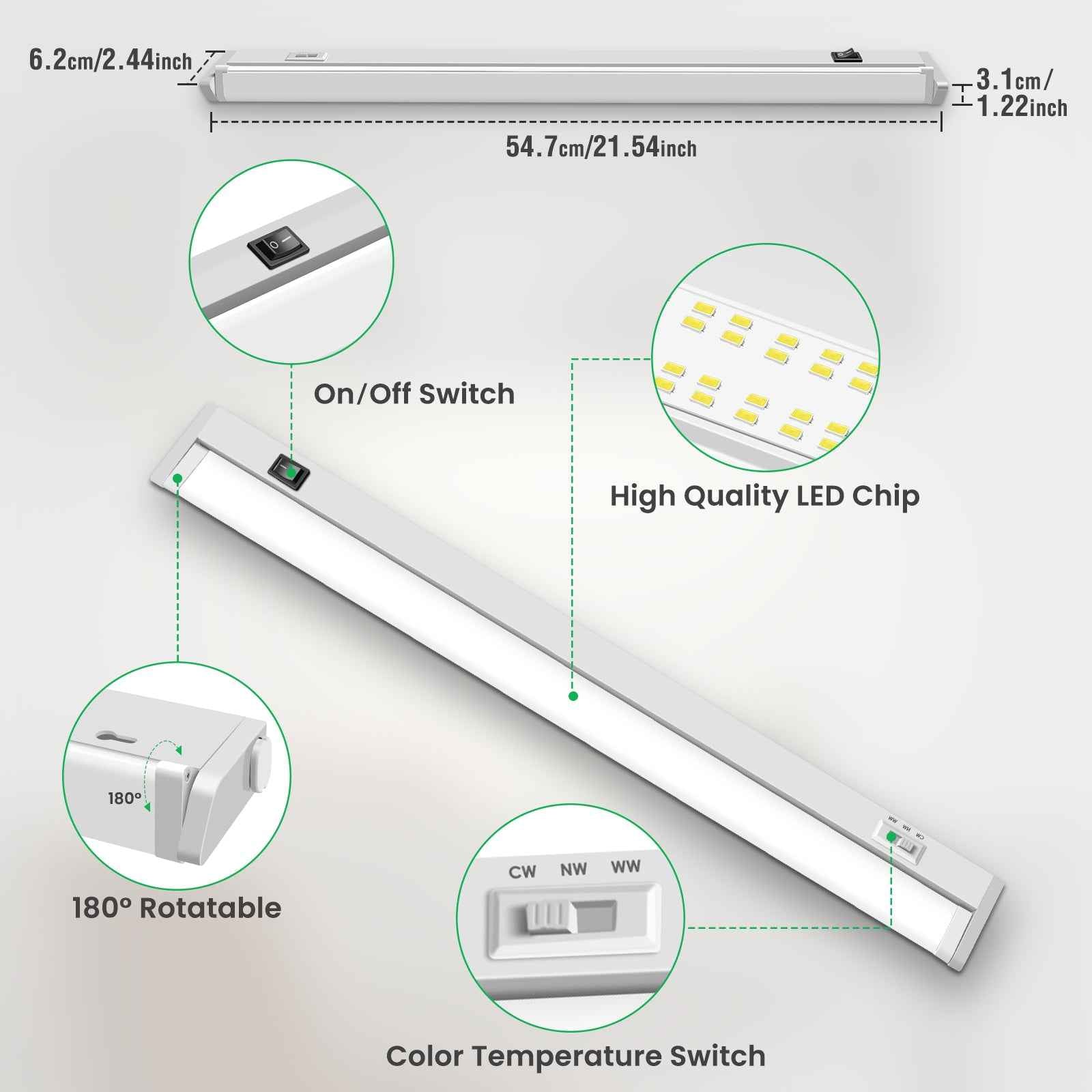 21'' LED Under-Cabinet Lighte 8W 3CCT Swivel 2pcs Linkable Kitchen Ceiling Light