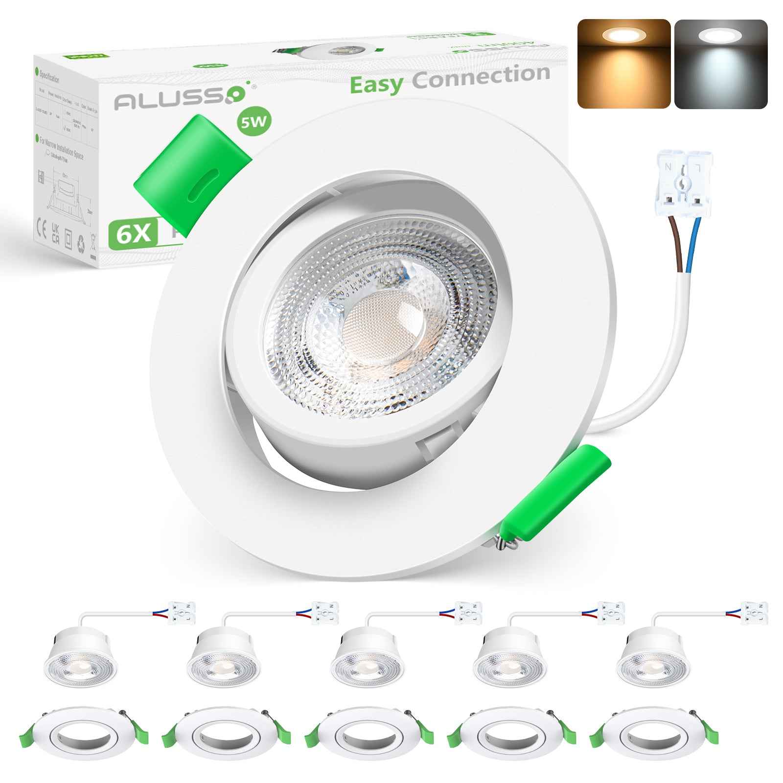 5W White Ultra Slim Recessed LED Flat Panel Ceiling Spot Lights Downlights, 55° Beam Angle, 3000K / 6000K, 6PACK - ALUSSO LIGHTING