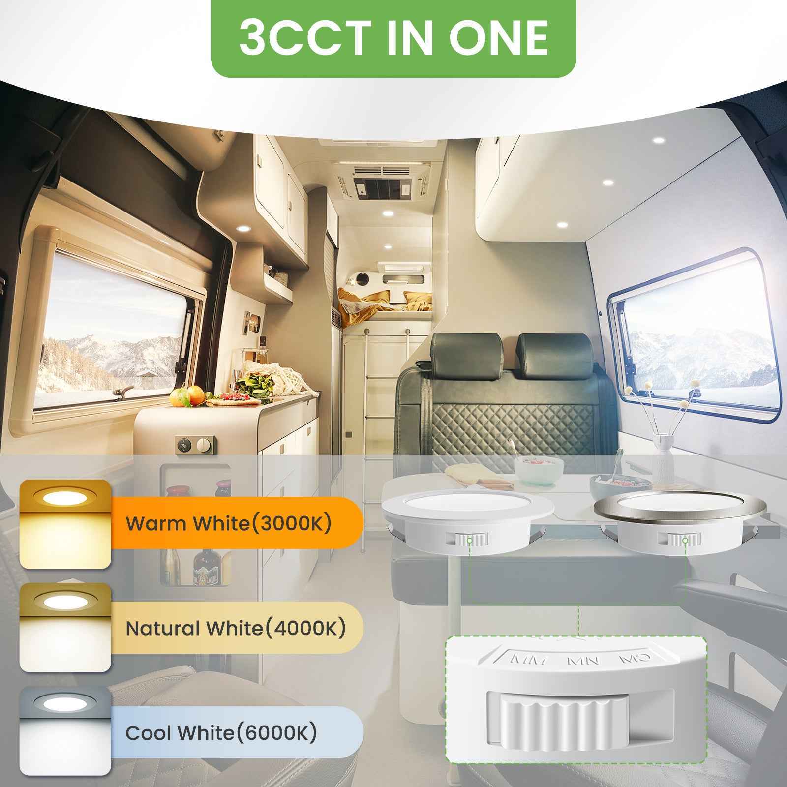 Upgraded 12V-24V RV 4W LED Recessed Spotlight 3CCT, IP44, Cutout 55-58mm, 6 Pack, White / Nickel - ALUSSO LIGHTING