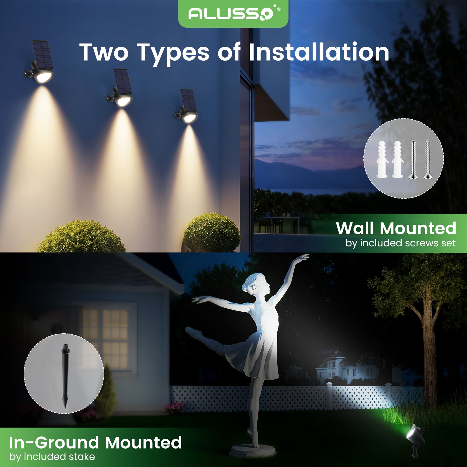 ALUSSO RGB Solar Spotlights Outdoor Motion Sensor, 3CCT Dimmable, IP65 Waterproof Landscape Lighting for Outside Yard Pathway Garden, 4 Pack