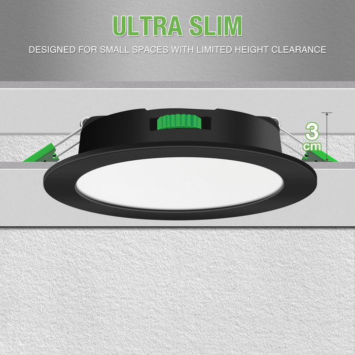 7W Black Ultra Slim LED Recessed Downlight 3CCT Dimmable IP44,Cutout 90-100mm 6 Pack