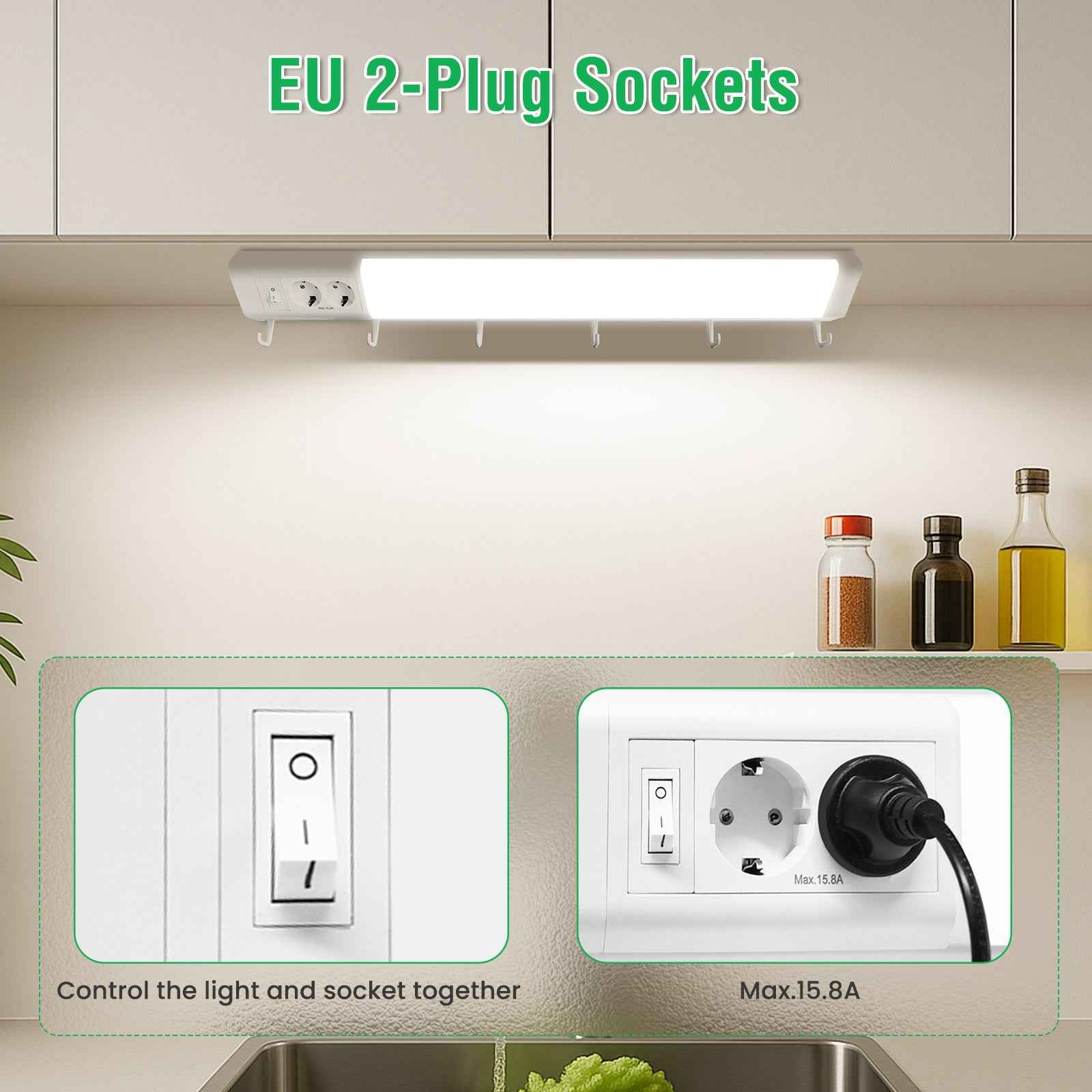 30'' LED Under-Cabinet Light EU Sockets 15W 4000K Ceiling Lamp With 6 Hooks Under Cabinet