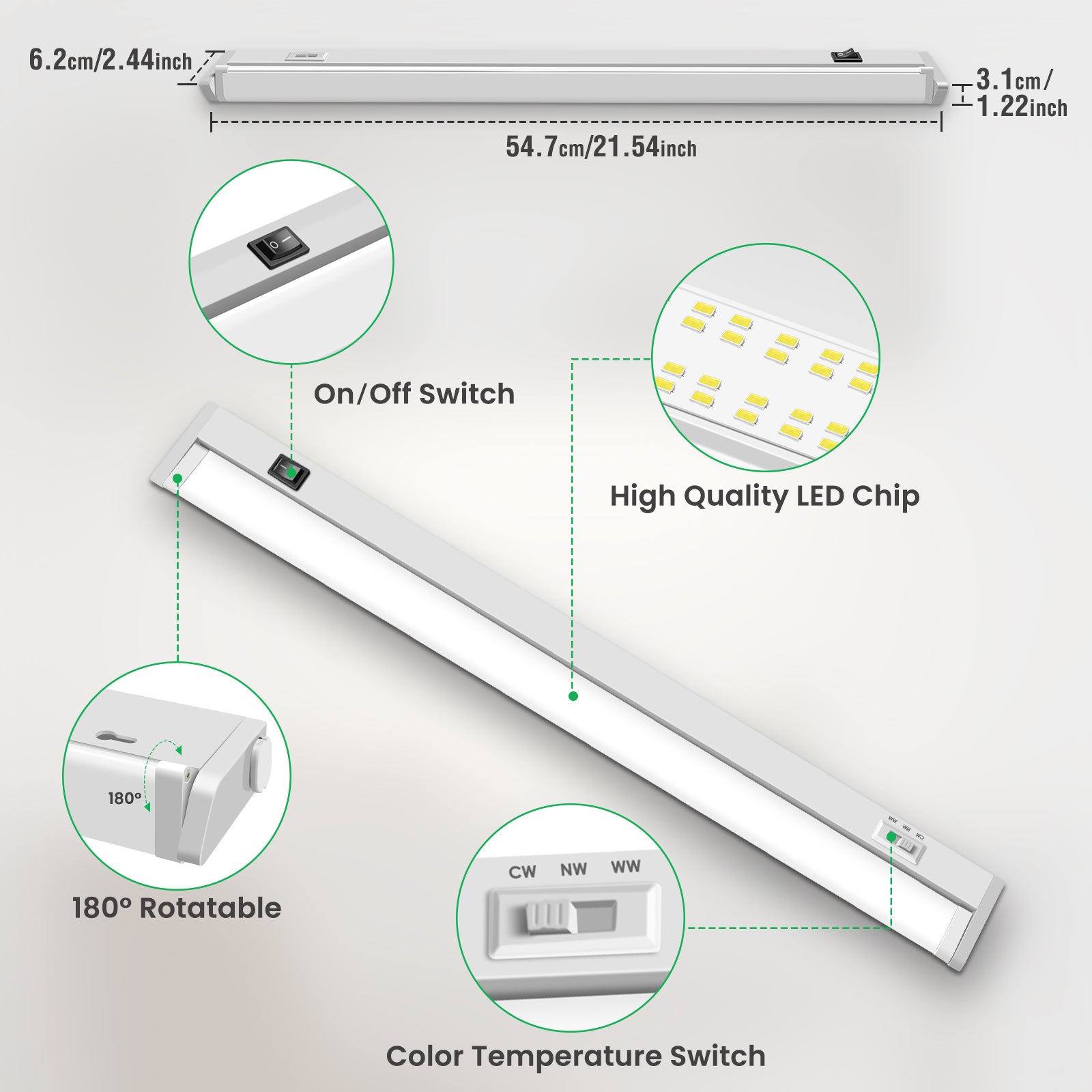 21'' LED Under-Cabinet Lighte 8W 3CCT Swivel 2pcs Linkable Kitchen Ceiling Light