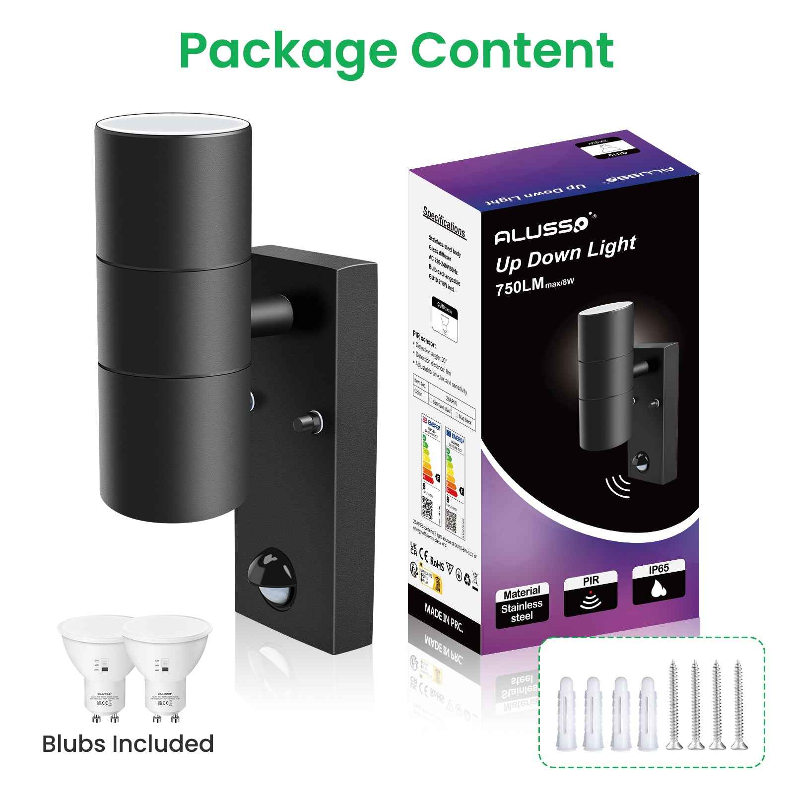 Up Down Wall Light with PIR Motion Sensor Stainless Steel IP65, 3000K/4000K/6000K, Black - ALUSSO LIGHTING