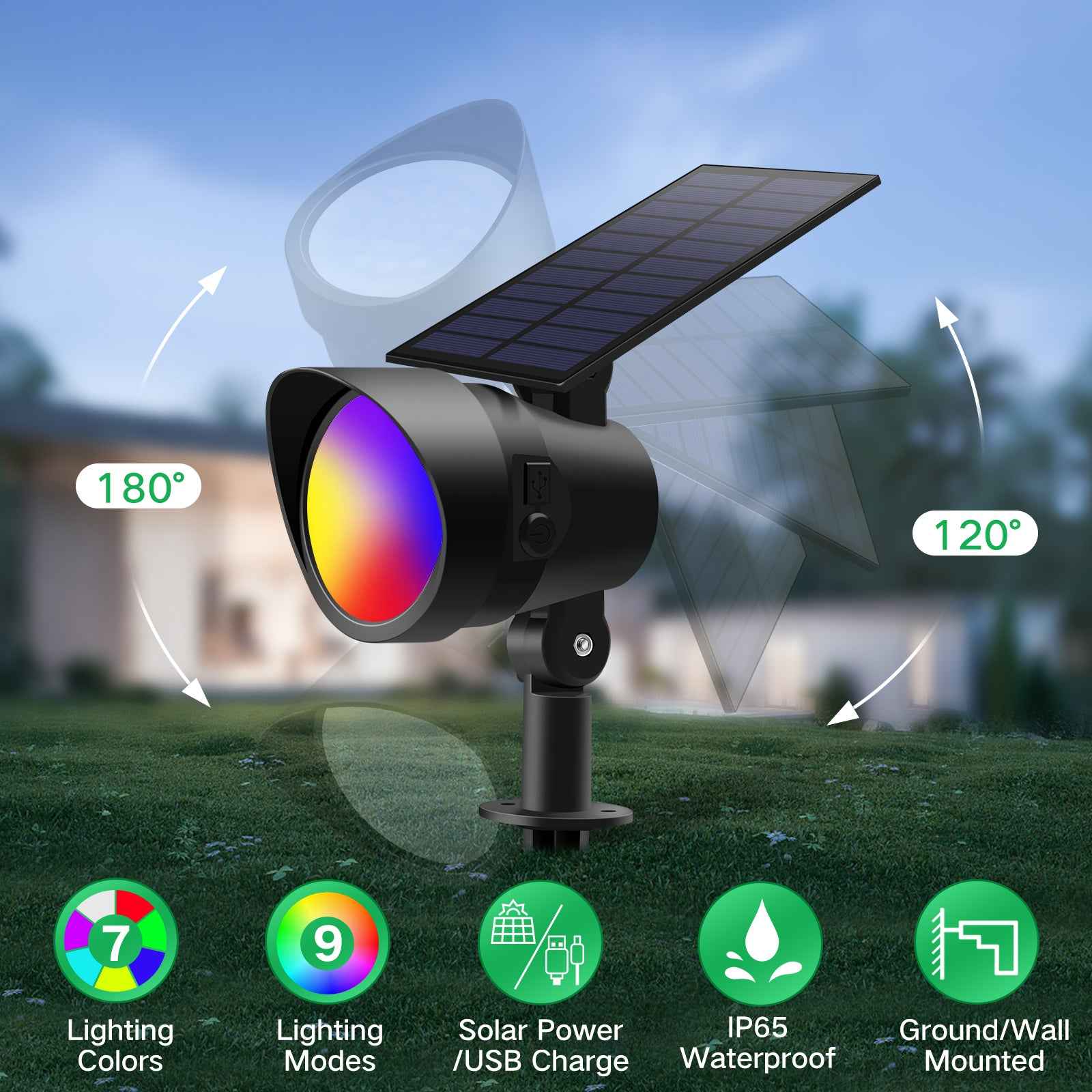 RGB LED Solar Landscape Spotlights Outdoor Wall Night Light, 19-LEDs, IP65, 2 Pack - ALUSSO LIGHTING