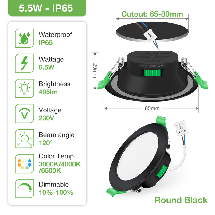 10pcs Black Recessed LED Ceiling Lights 5.5W Dimmbale 67-75mm Cutout IP65 Waterproof