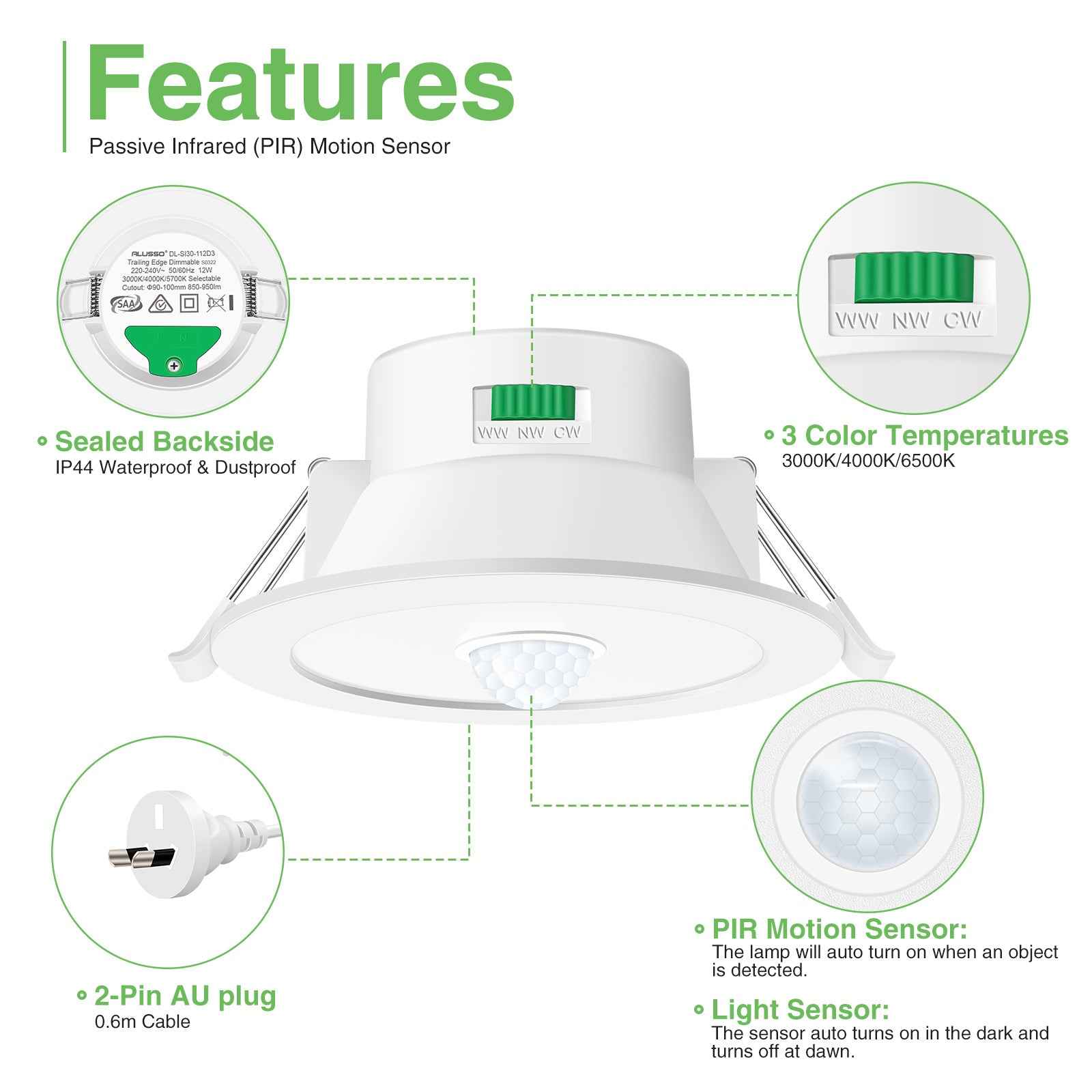 12W LED Motion Sensor Downlight 90-105mm Cutout, 1 Pack - ALUSSO LIGHTING