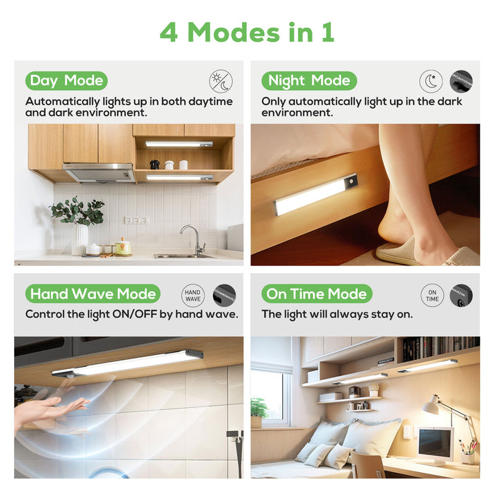 Wireless LED PIR Motion Sensor Cabinet Light, USB Rechargeable, 3 Modes, Dimmable, 3000K-4000K-6500K