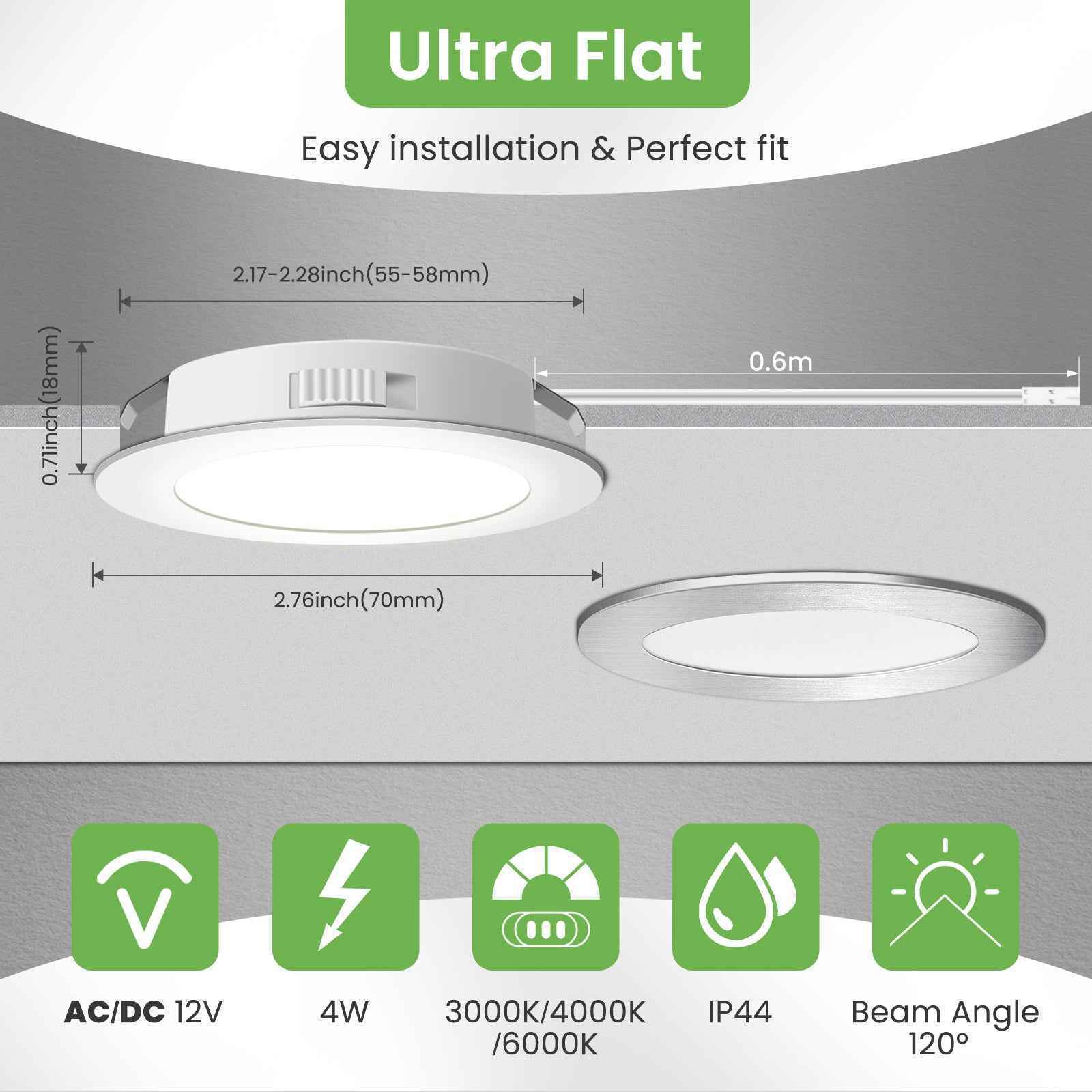 12V AC/DC RV 4W LED Recessed Ceiling Lights 3CCT, IP44, Cutout 55-58mm, 3 Pack, Nickel