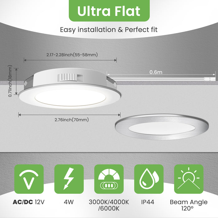 12V AC/DC RV 4W LED Recessed Ceiling Lights 3CCT, IP44, Cutout 55-58mm, 6 Pack, White / Nickel