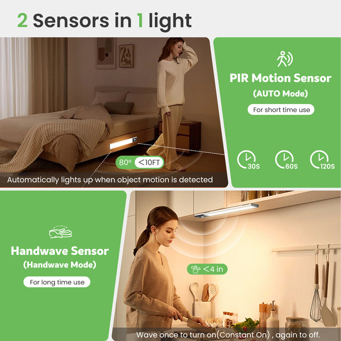 Wireless LED PIR Motion Sensor Cabinet Light, USB Rechargeable, 3 Modes, Dimmable, 3000K-4000K-6500K