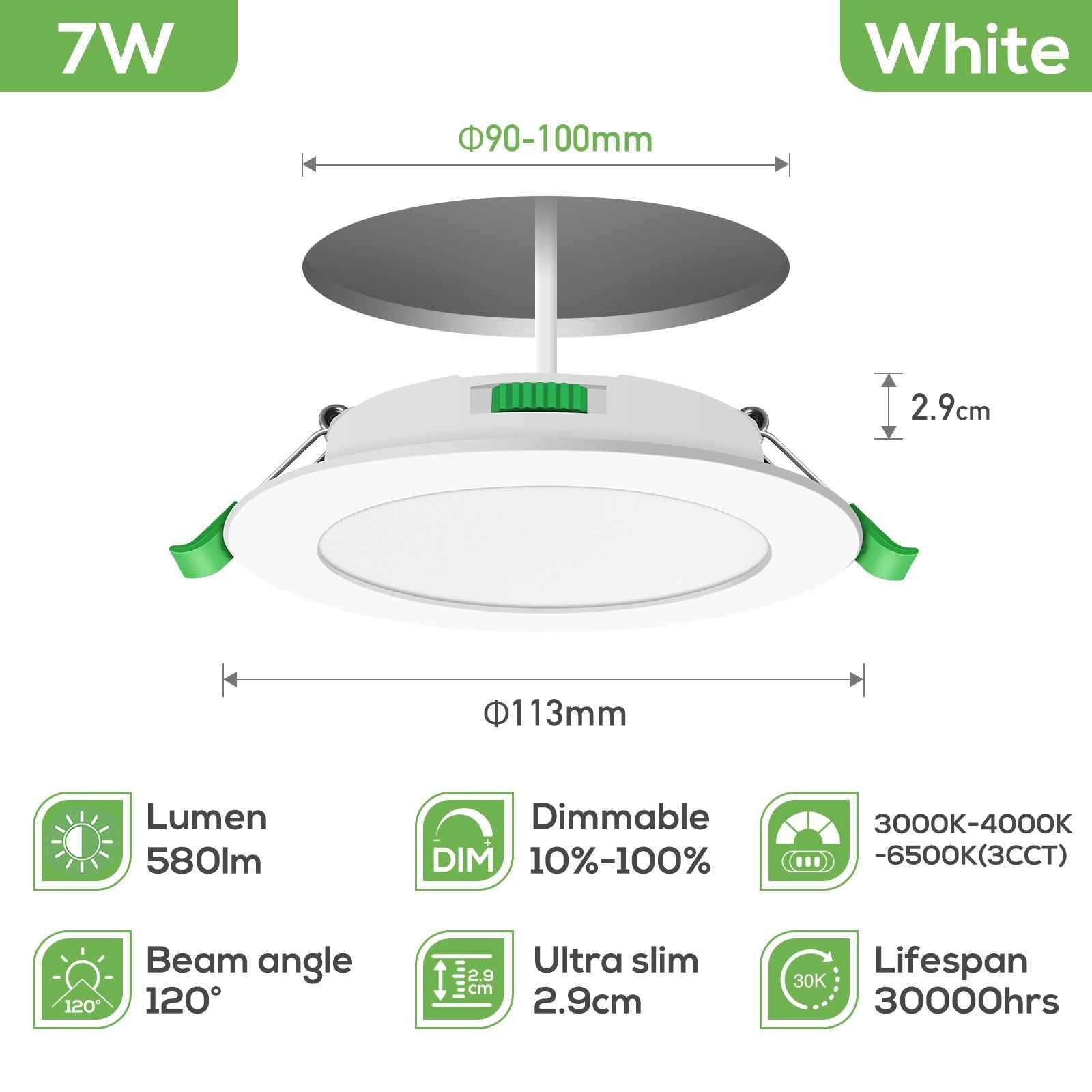 7W White Ultra Slim LED Downlight CCT Dimmable IP44, Cutout 90-100mm 6 Pack - ALUSSO LIGHTING
