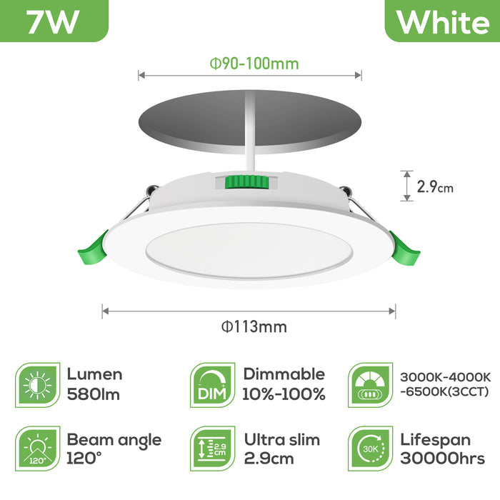 7W Ultra Slim LED Downlight CCT Dimmable IP44, Cutout 90-100mm 6 Pack