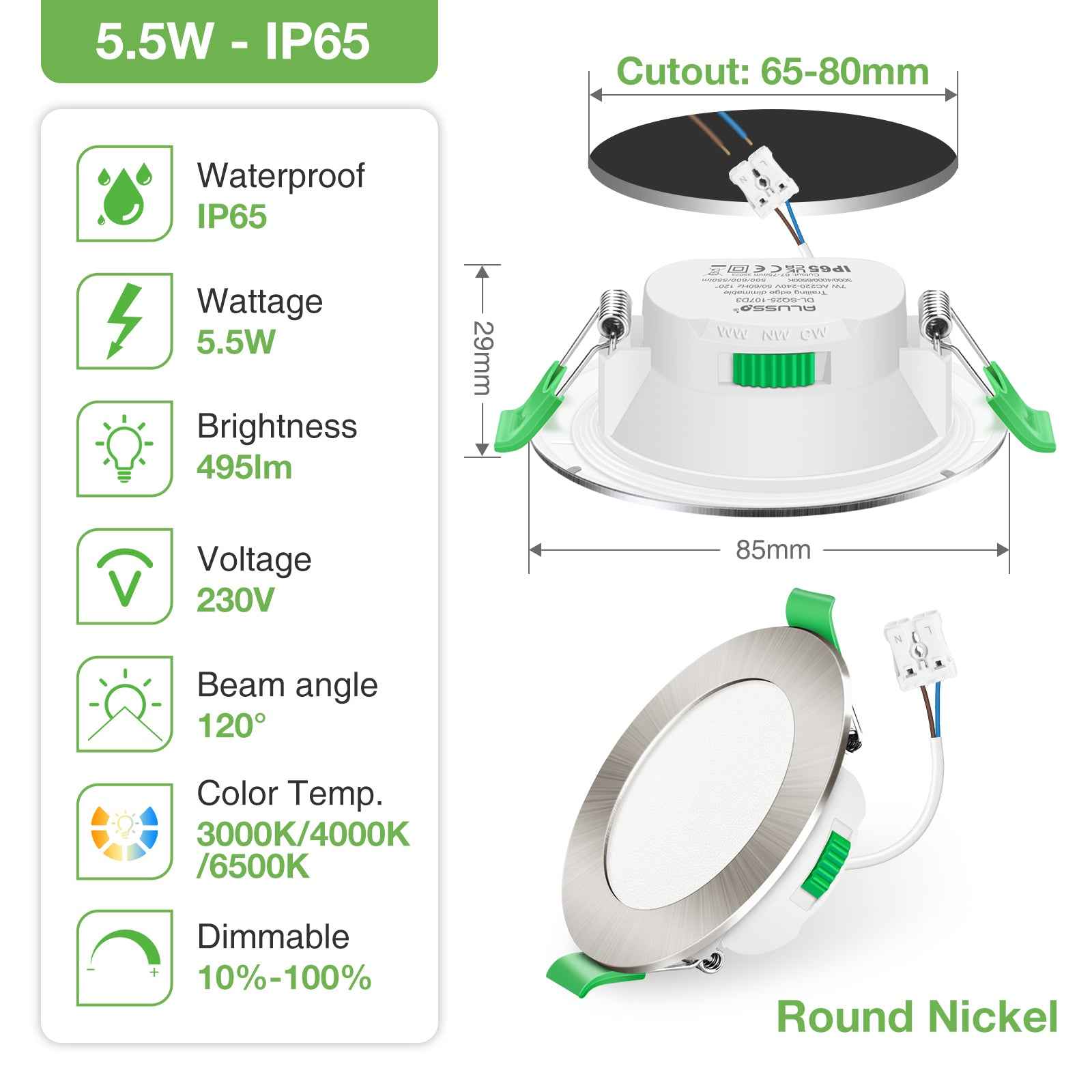 10pcs Nickel Recessed LED Ceiling Lights 5.5W Dimmbale 67-75mm Cutout IP65 Waterproof - ALUSSO LIGHTING