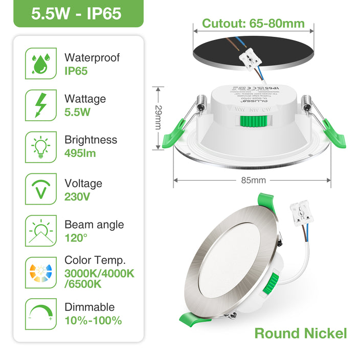 10pcs Nickel Recessed LED Ceiling Lights 5.5W Dimmbale 67-75mm Cutout IP65 Waterproof