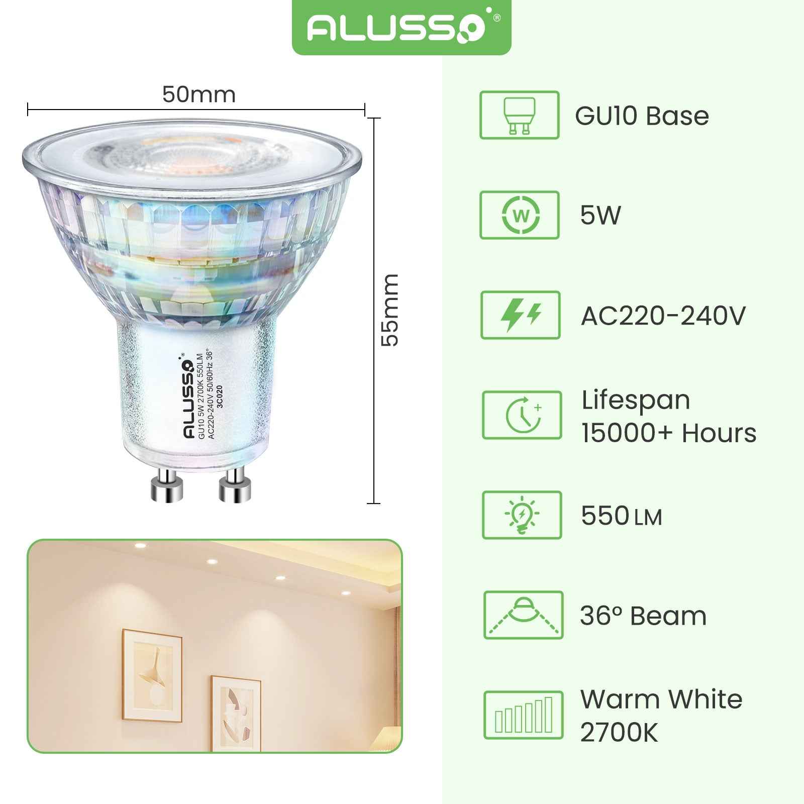 5W GU10 LED Glass Bulbs 36°/120° Beam Angle 2700K Warm White Pack of 12 - ALUSSO LIGHTING