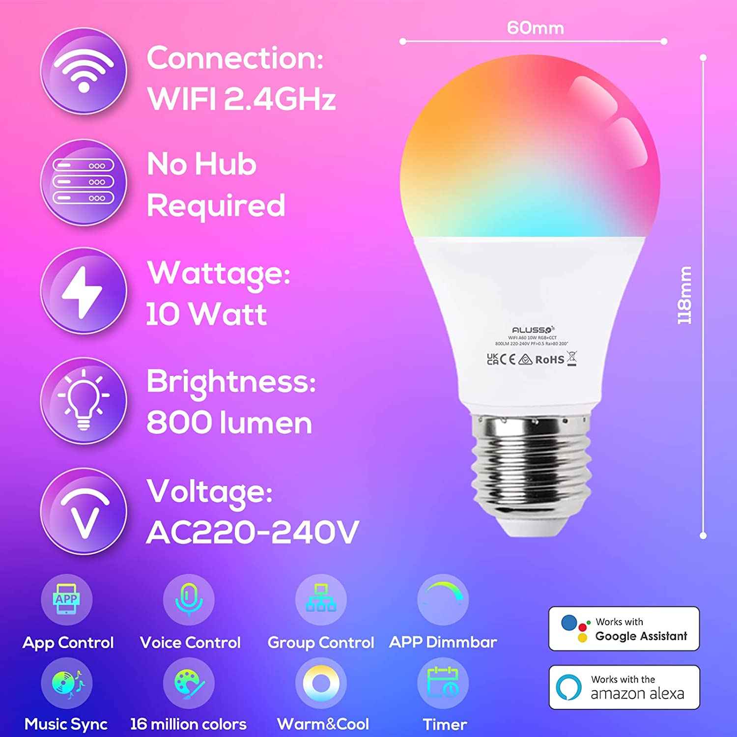 WiFi 10W Smart A60 E27 LED Bulbs, 240° Beam Angle, RGB CCT Dimmable, 4 Pack, Alexa Google Home App Control - ALUSSO LIGHTING