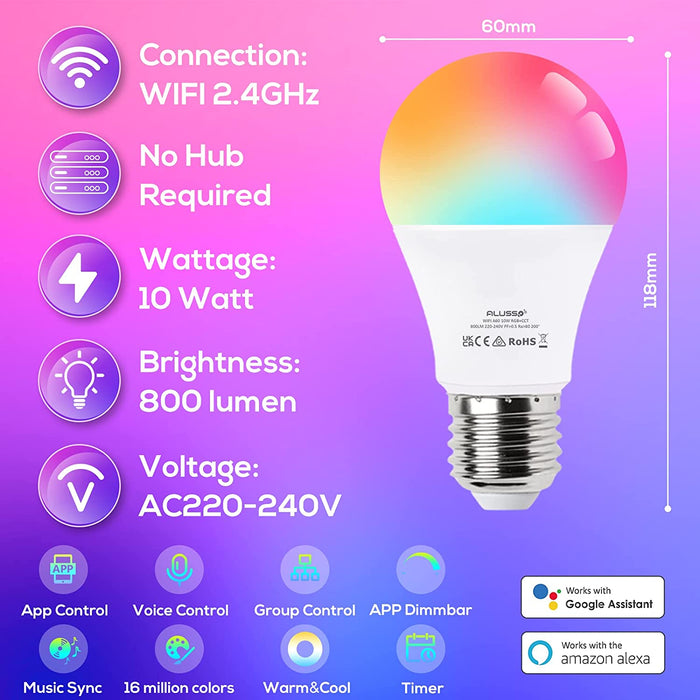 WiFi 10W Smart A60 E27 LED Bulbs, 240° Beam Angle, RGB CCT Dimmable, 4 Pack, Alexa Google Home App Control