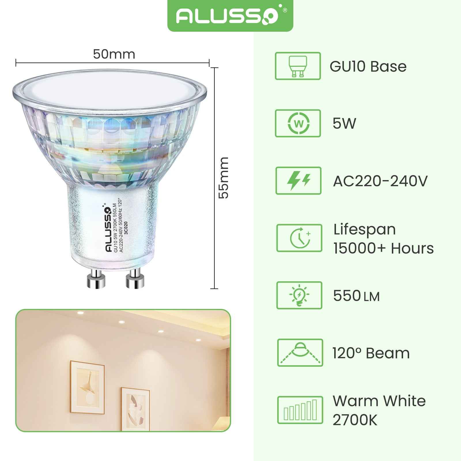 5W GU10 LED Glass Bulbs 36°/120° Beam Angle 2700K Warm White Pack of 12 - ALUSSO LIGHTING
