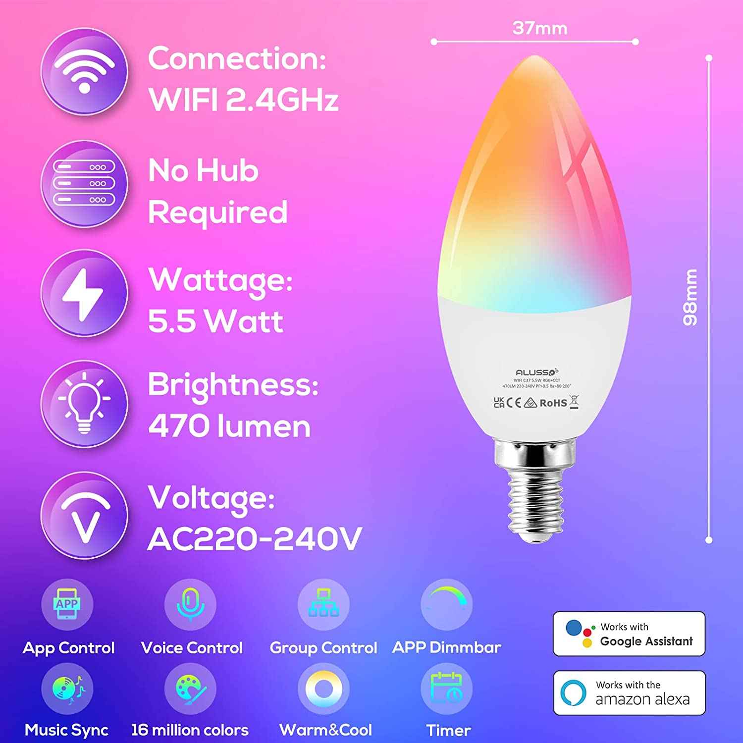 WiFi 5.5W Smart C37 E14 LED Bulbs, 180° Beam Angle, RGB CCT Dimmable, 4 Pack, Alexa Google Home App Control - ALUSSO LIGHTING