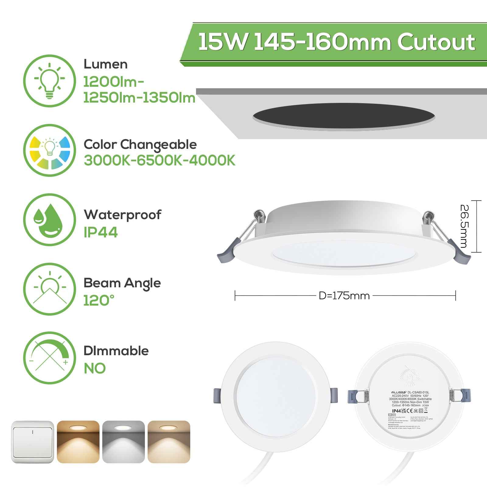 15W Ø145-160mm LED Recessed Ceiling Lights Utral Slim 3000K-6500K-4000K Changeable, 6 Pack, IP44 - ALUSSO LIGHTING