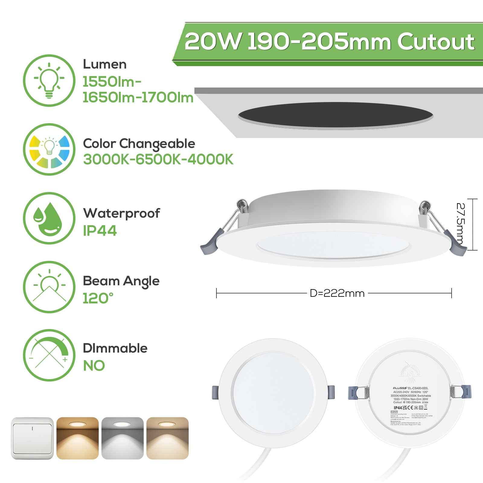 20W Ø190-205mm LED Recessed Ceiling Lights Utral Slim, 3000K-4000K-6500K Changeable, 6 Pack, IP44 - ALUSSO LIGHTING