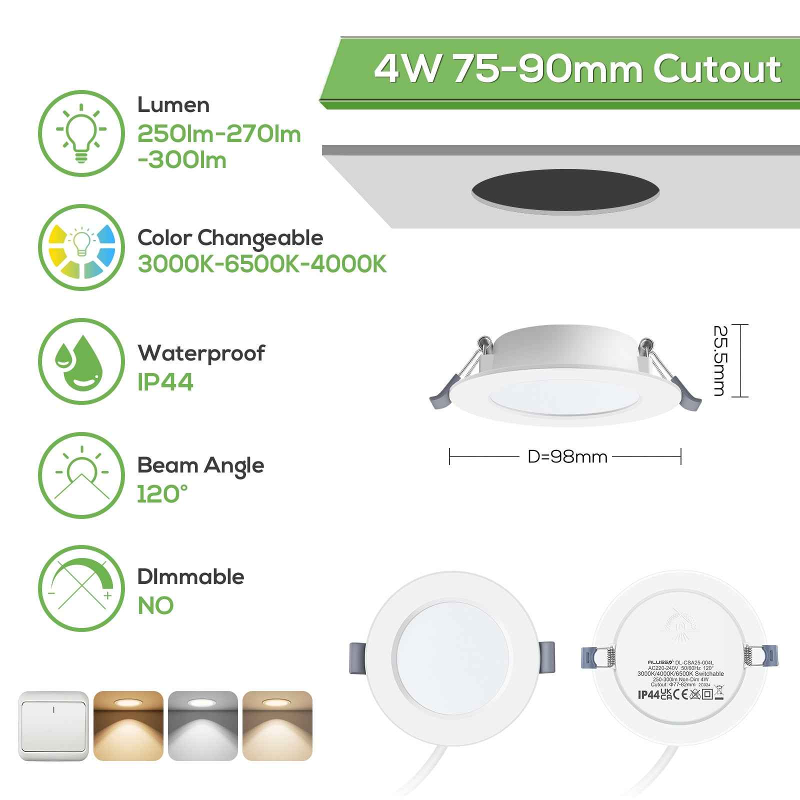 4W Ø75-90mm LED Recessed Ceiling Lights 3000K-6500K-4000K Changeable Utral Slim, IP44, 6 Pack - ALUSSO LIGHTING